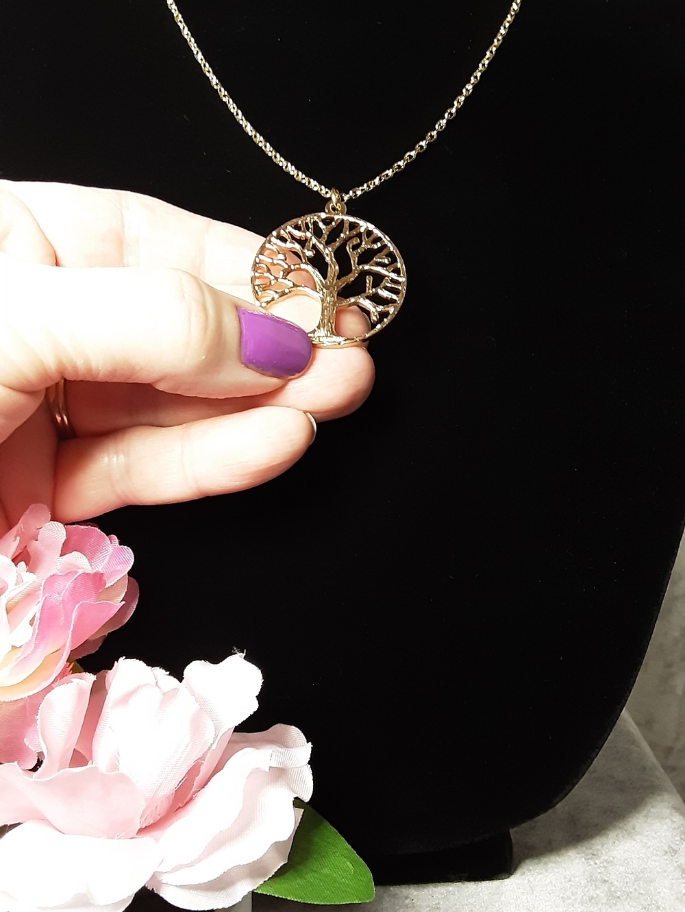 Handmade Gold Tone Tree of Life Pendant Necklace - 18.5" Long Chain - Picture 3 of 4